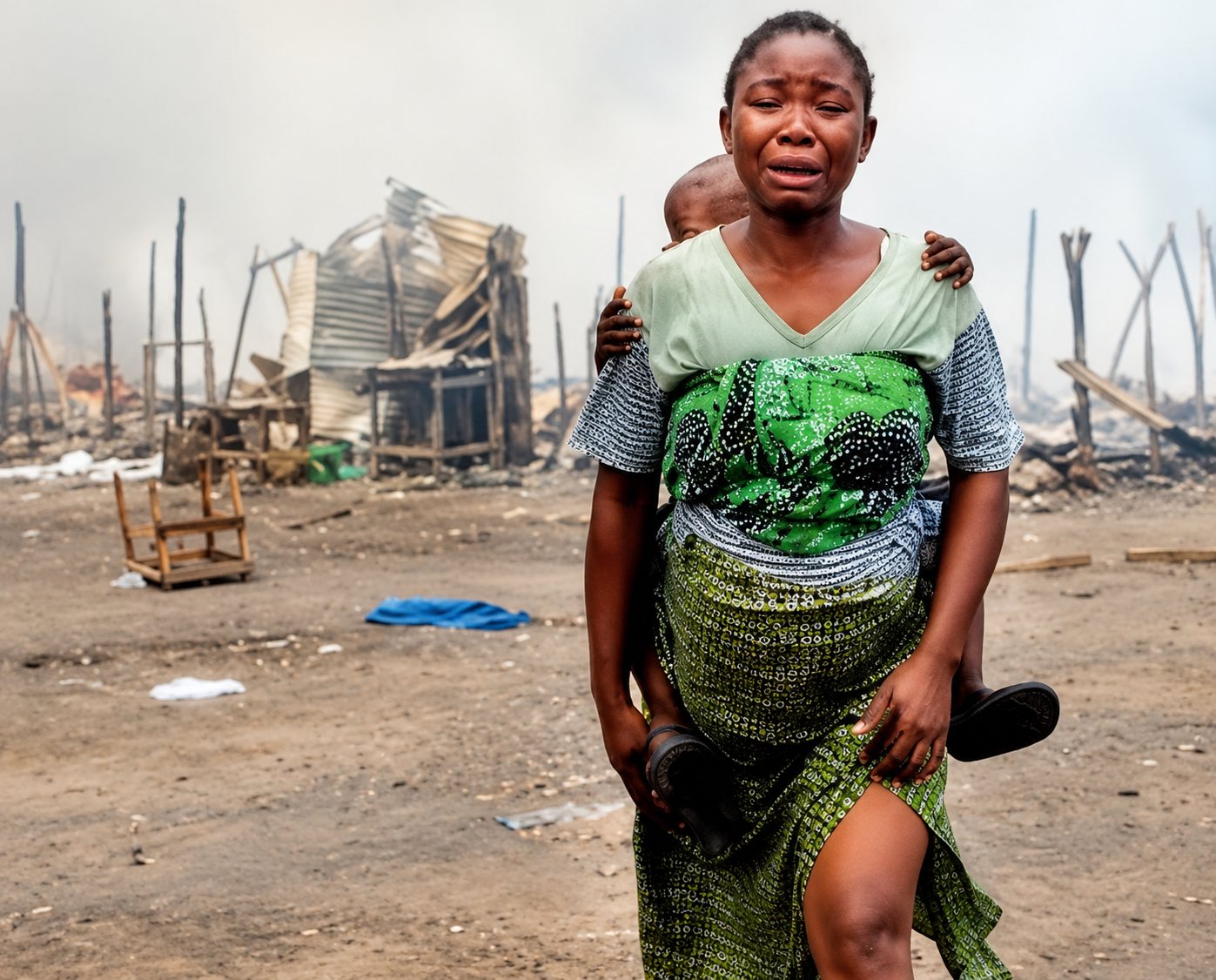 Femme et son enfant après un sinistre — résilience des populations